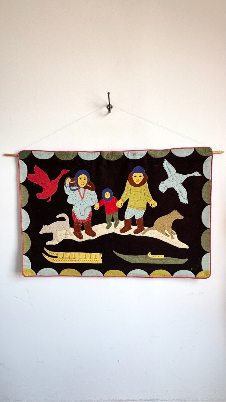 Vintage Inuit Felted Wool Embroidered Family with Animals Wall Hanging
